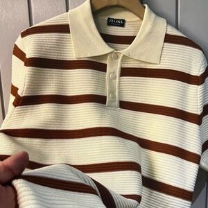 Ermenegildo Zegna Cream and Brown Striped Short Sleeve Shirt